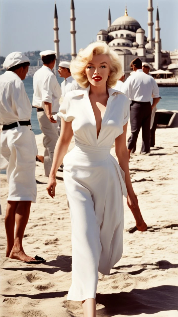 Marilyn Monroe in Istanbul beach walking gracefully,full body shot