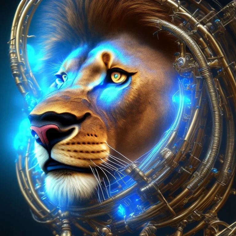 a lion face made with steam punk elements with blue diamonds and cables, high detail, photo, kybernetic, 8k, ray-tracing