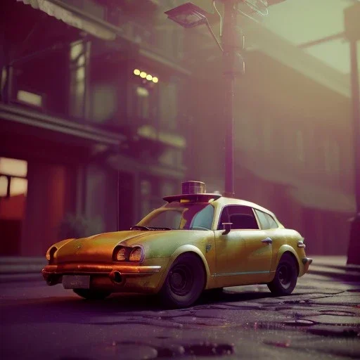 3d rendering. futuristic steampunk yellow car. Tokio background. Lost in Time