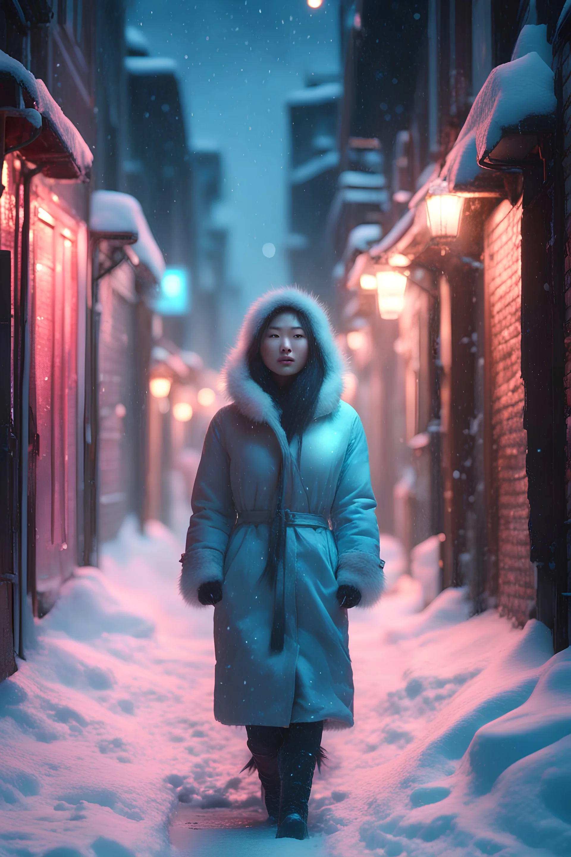 a pretty asian eskimo woman, walks in an alley, winter, neon lights, heavy snow falling, freeing cold, empty streets, fantasy world, 4k