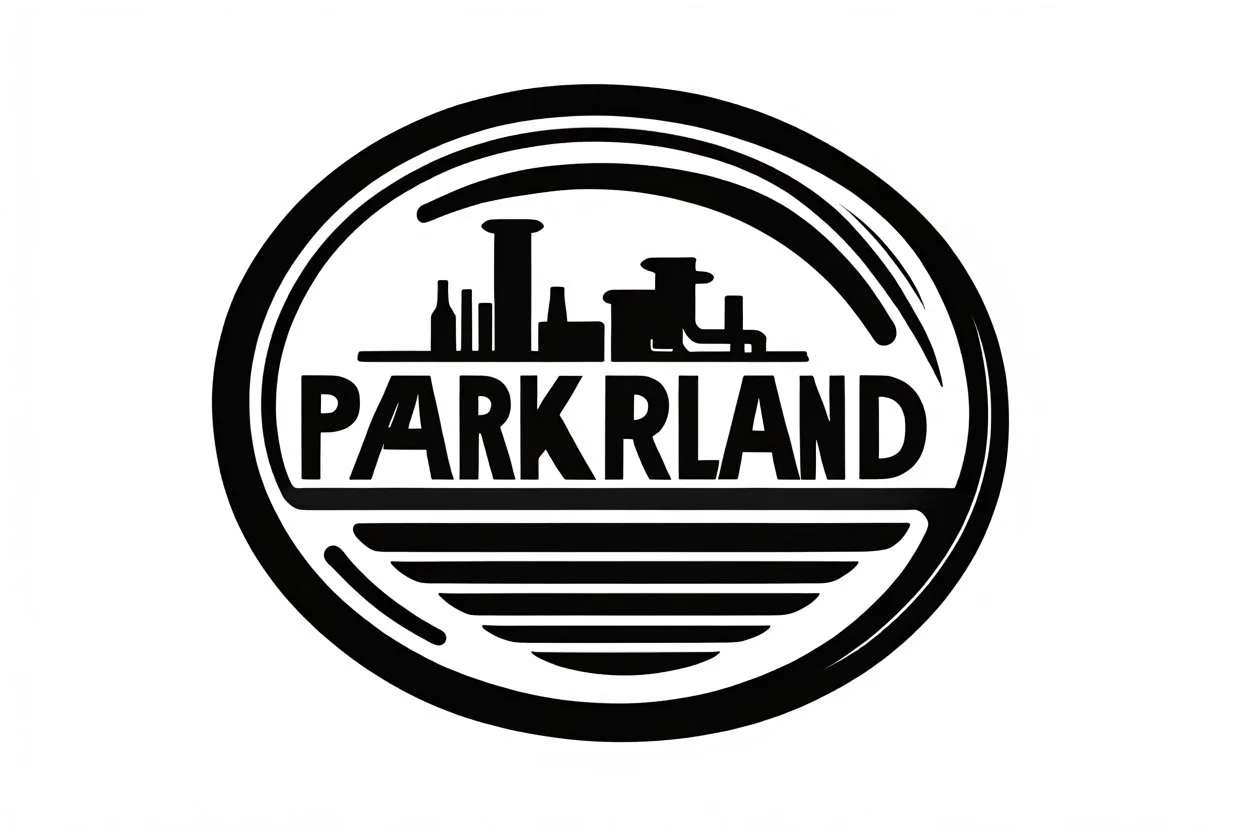 Simplified abstract logo representing services of automobile repairs and tire changes and oil/filter changes, includes text "PARKLAND", black on white