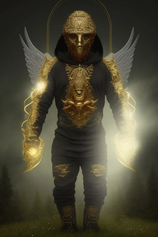 running berserker portrait , no face, black jogging suite , in the night Alps , holding coins , angels background, volumetric gold light, high detail, dark leaf tree, dark mountains in background, perfect, HR Giger style