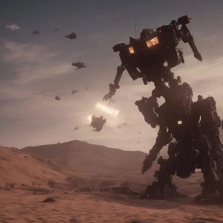 Armored Core machine robot fight another Armored Core fly in the sky in the desert with beside the ocean where you can see the space in the sky with twilight on the horizon, 4k resolution