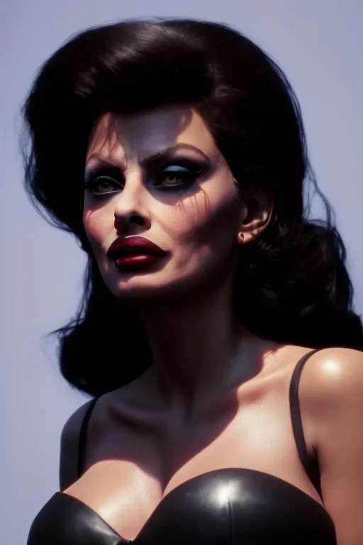 young sophia loren as evil queen in black leather, angry, stern look, volumetric lighting, particales,highly detailed,cinematic, deep colours,8