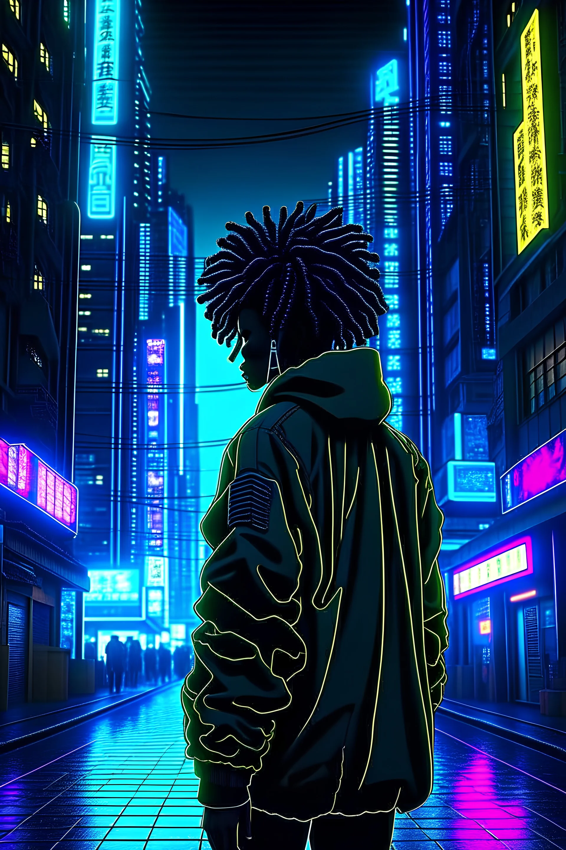 African city, sci fi, street view, afro futurism, cyberpunk elements, night time, male character in a hood with his back to the camera,