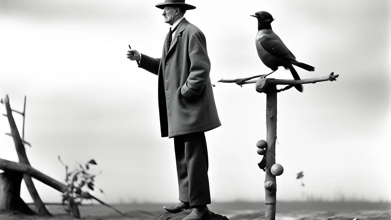 balance, man and bird, bizarre, surreal, art brut, outsider art, a black and white photo, pexels contest winner, 1940s, high quality photo,