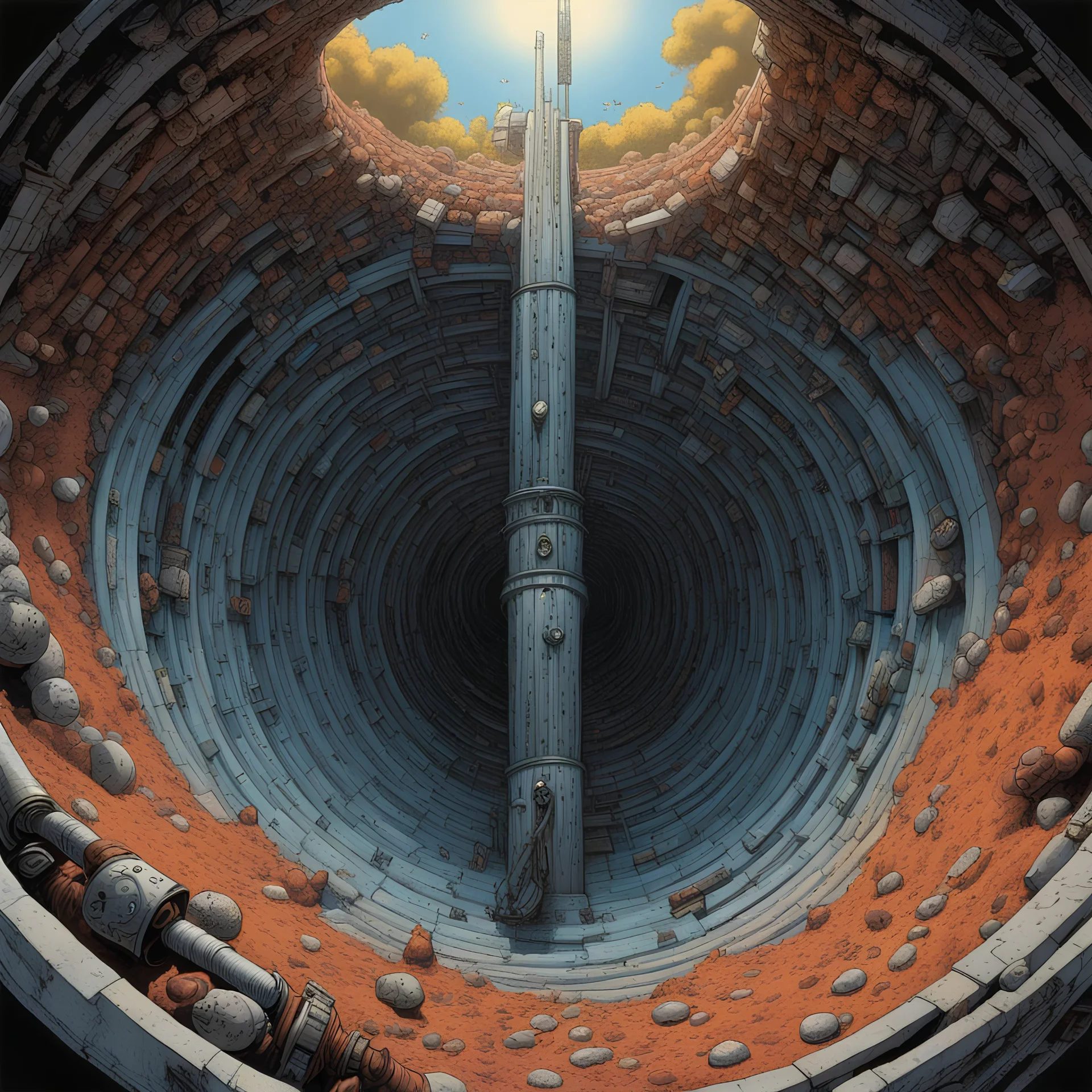 From the perspective of the bottom of a well, modern comic hyperreal, by Tim White, palpable textures, distinctive visceral style and detailed line work, rich sharp colors