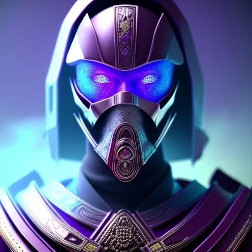 samurai purple masked villain in galaxy, teal and purple smoke, detailed, realistic, 4k