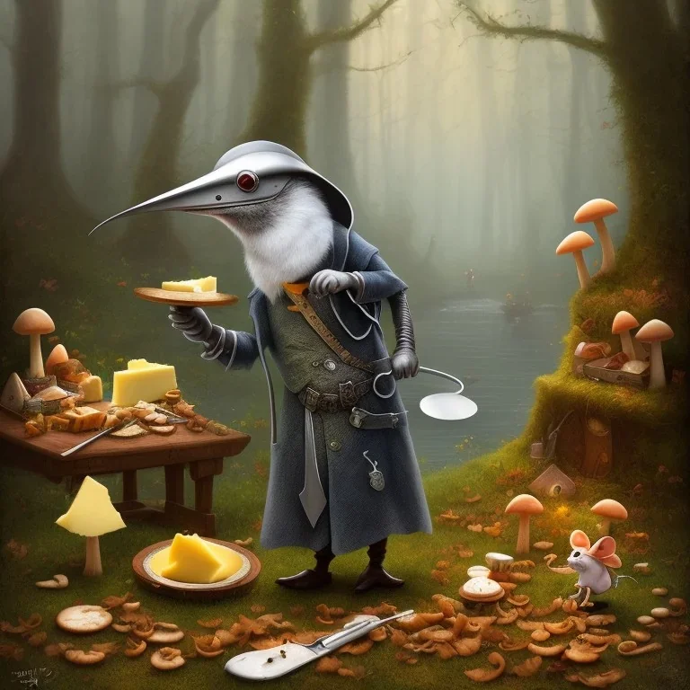 A Plague Doctor (AND) a Mouse having a port & cheese party in a forest of mushrooms by a river, art by Pixar and Dreamworks