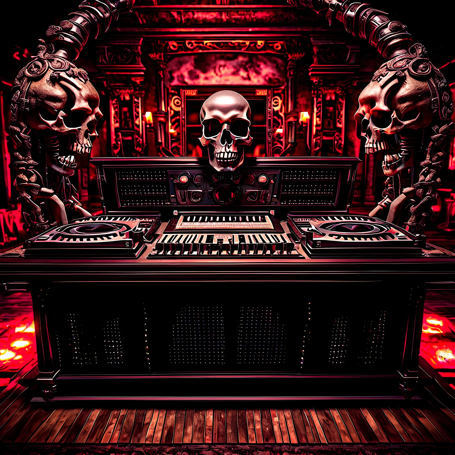 DJ of the damnded, insanely detailed DJ booth in hell, MID set, speakers and equipment made of bone, anatomically correct, add more skulls in th audience, photorealism, vray, 8k 3d https://stablecog.com/generate?o=a67b60e0-edd2-418d-9744-d1d585055d7f