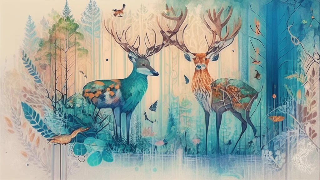 watercolor illustration, subject are forest animals, intricate details, environment is forest, simple and serene illustration, vivid colors.