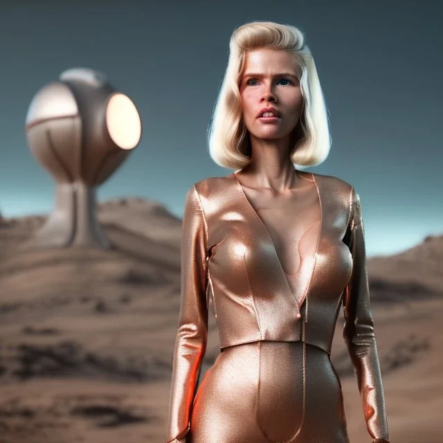 Ultra Realistic retro sci-fi movie scene, waist up view portrait, 5 clones blonde women, sweet young Claudia Schiffer face, perfect iris, glow eyes, face makeup, with weapon. Mars background, Retro sci-fi style, helmet, tight latex coat, fog, rain, soft color, highly detailed, unreal engine 5, ray tracing, RTX, lumen lighting, ultra detail, volumetric lighting, 3d, finely drawn, high definition, high resolution.