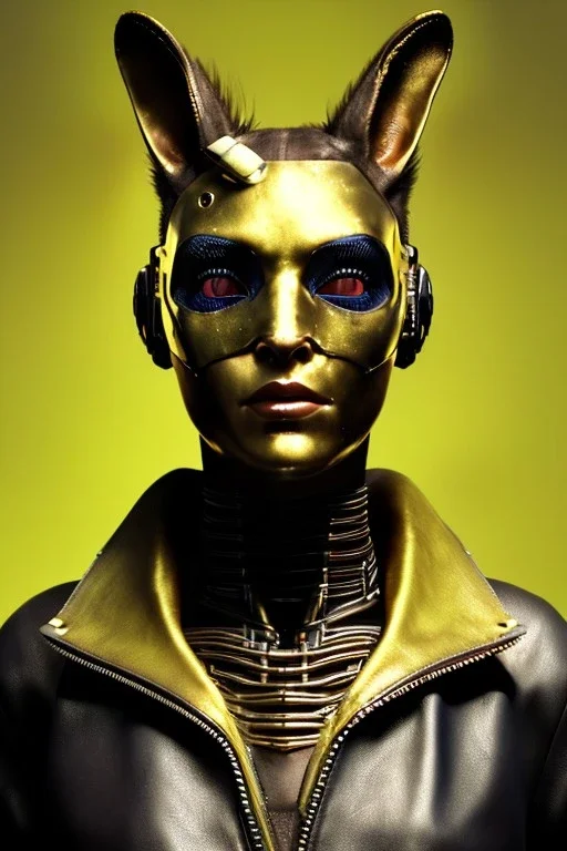 Medium Close Up Portrait, Front image. cyberpunk, rabbit mask, sweet woman, gold hair. Leather, feather suit. Yellow, red, color. Mad max style. Color background, photo studio. Avatar image, highly detailed, concept art, smooth, unreal engine 5, ray tracing, RTX, lumen lighting, ultra detail, volumetric lighting, 3d, finely drawn, high definition, high resolution.