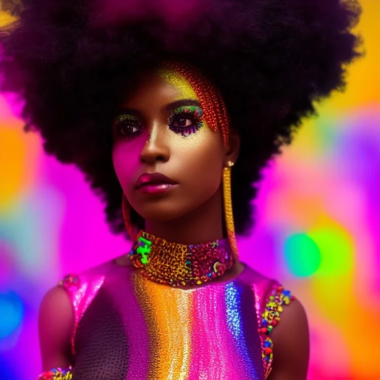 full body shot, masterpiece, best quality, family of three, dark skinned, sparkling eyes, fluorescent skin, colorful makeup, afro, highly detailed body, afrofuturism, scifi, sun light, 4K, RAW, depth of field, high contrast, realistic details, 24mm