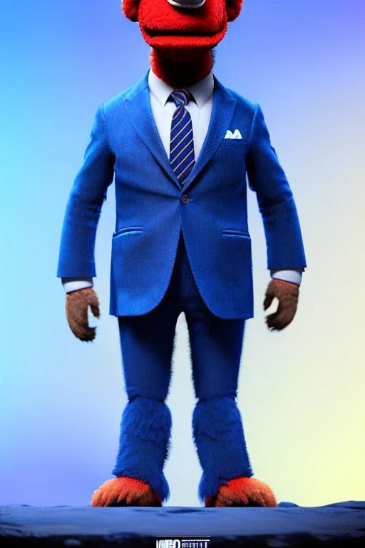 Waist up Portrait, joe Biden as muppet doll, Blue suit retro style, photo studio, blue background, unreal engine 5, concept art, art station, god lights, ray tracing, RTX, lumen lighting, ultra detail, volumetric lighting, 3d.