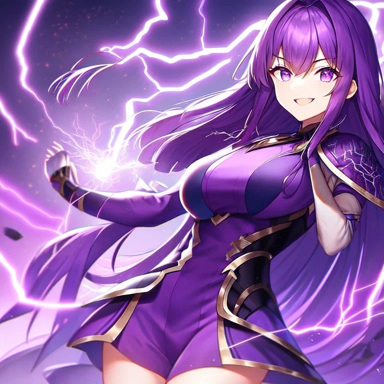 girl, masterpiece, best quality, volumetric lighting, detailed outfit, perfect eyes, purple hair, purple eyes, long hair, lightning magic, laughing, angry,