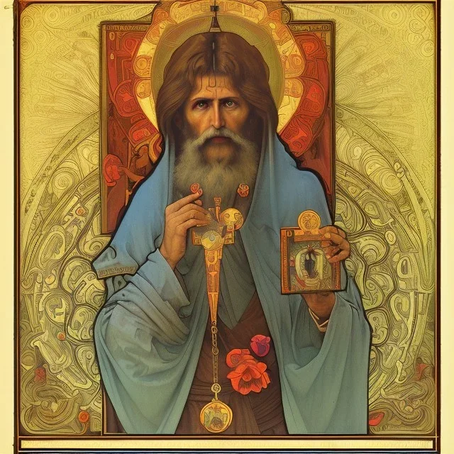 patron of photographers holding a camera in one hand and film roll in the other. orthodox icon with saint photographer. Cyrillic inscriptions. hyperdetailed, Alphonse Mucha, Zdzisław Beksiński, poster, illustration, ink, oil on canvas, 18th century atlas