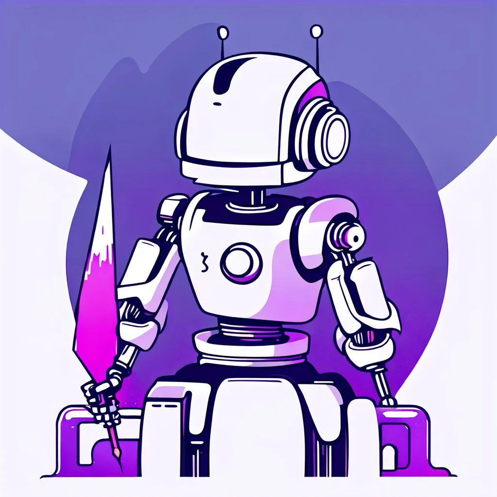 Minimalist cyberpunk logo, cute robot holding a Quill ,minimalist, vector, Solarpunk, continuous, sticker, isolated white background --ar 16:9 --no mockup, shadow, text