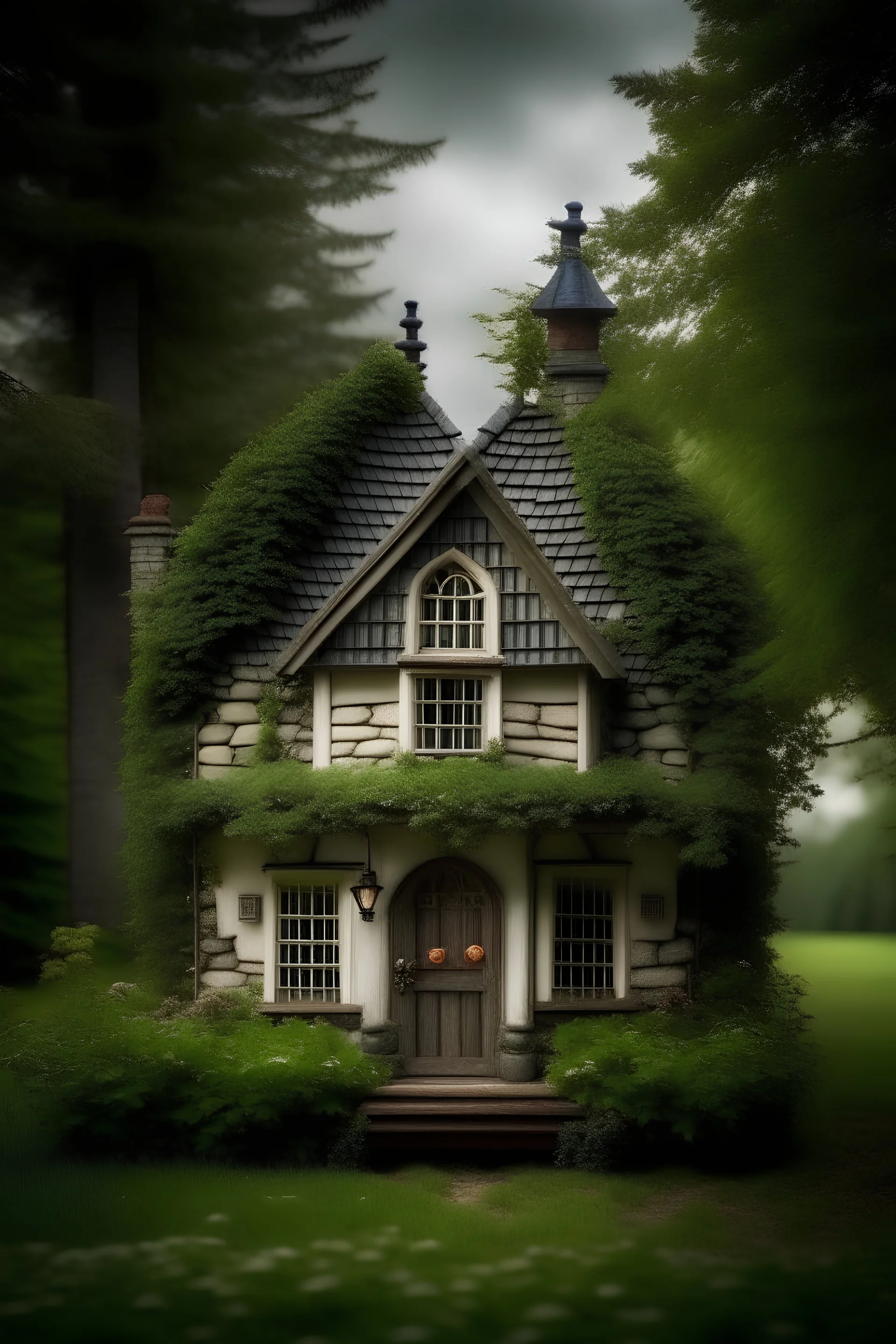 Fairy tale Cottage with trees through it and storm shutters open