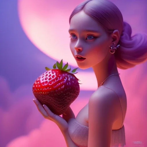 pixar style, volumetric pink sky environment and background, volumetric lighting, dramatic lighting, realistic painting of an strawberry and a beautiful woman eating marmelade, looking happy, detailed digital painting, extreme dense and fine, anime, ornate, colour-washed colors, elegant, small minutiae, tiny features, particulars, centered, smooth, sharp focus, renderman gofur render, 8k, uhd, detailed eyes, realistic shaded volumetric lighting, caustics, backlight