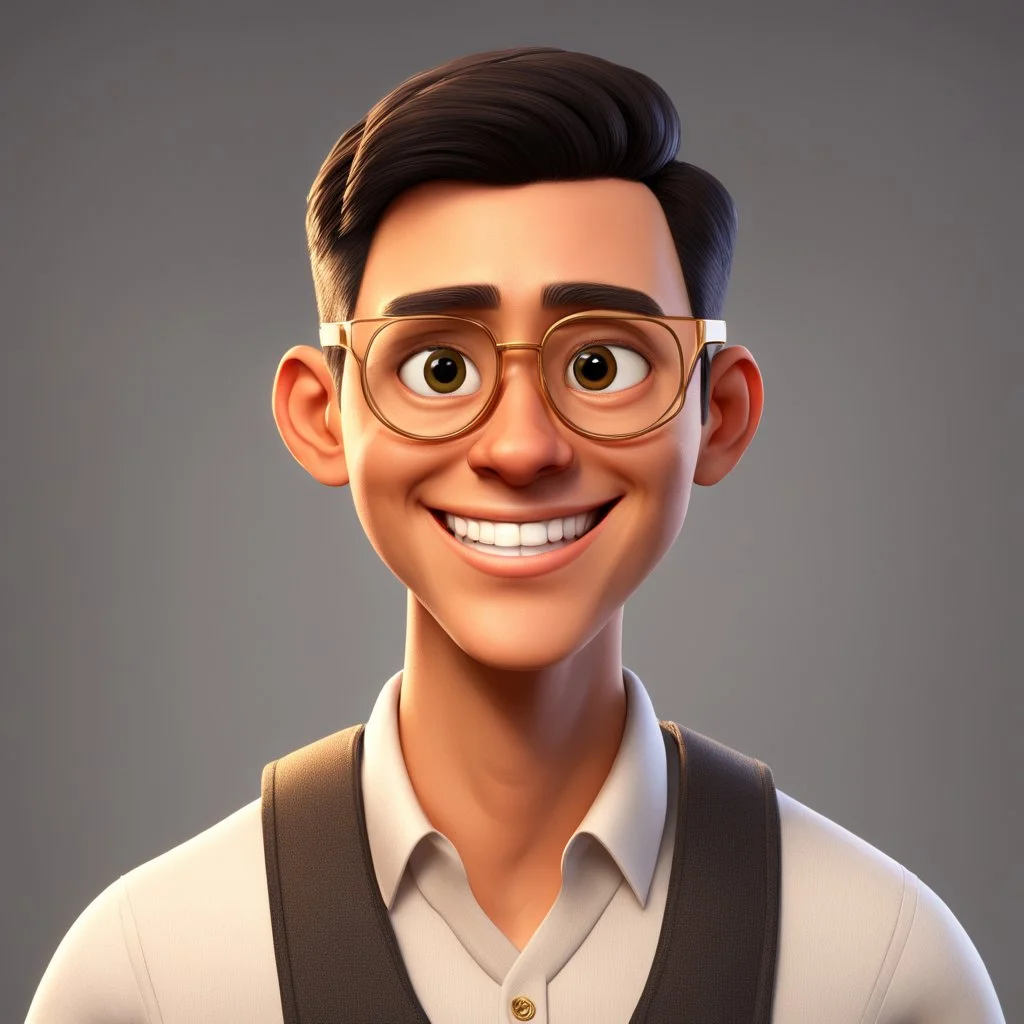 a portrait of smiling man. caricature. black short hair. light brown skin. black eye pupils. circle eyeglasses with thin gold frame. oblong face shape. white shirt with black vest. pixar style. 3D. 4k. portrait. highly detailed. sharp focus. high resolution. full color. cinema lighting