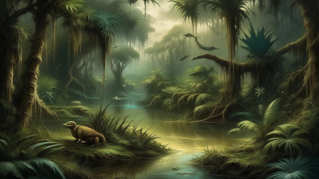 dark tropical swamp surrounded by dense jungle, stagnant water covered with mist, crocodiles half submerged near twisted roots, exotic birds watching from branches, tangled vegetation everywhere, moody shadows, dramatic oil painting style
