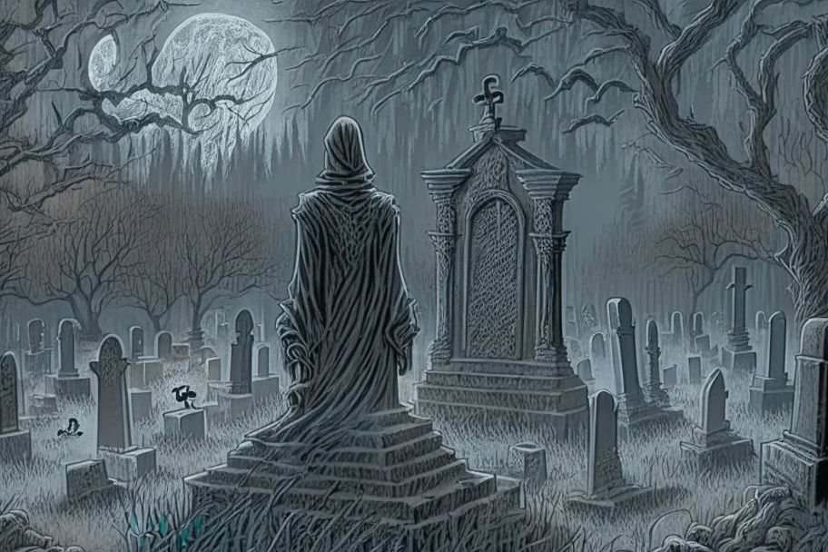 Cemetery with a ghostly figure looming over the scene, hauntingly beautiful, intricately detailed, monochromatic color scheme, dark and ominous