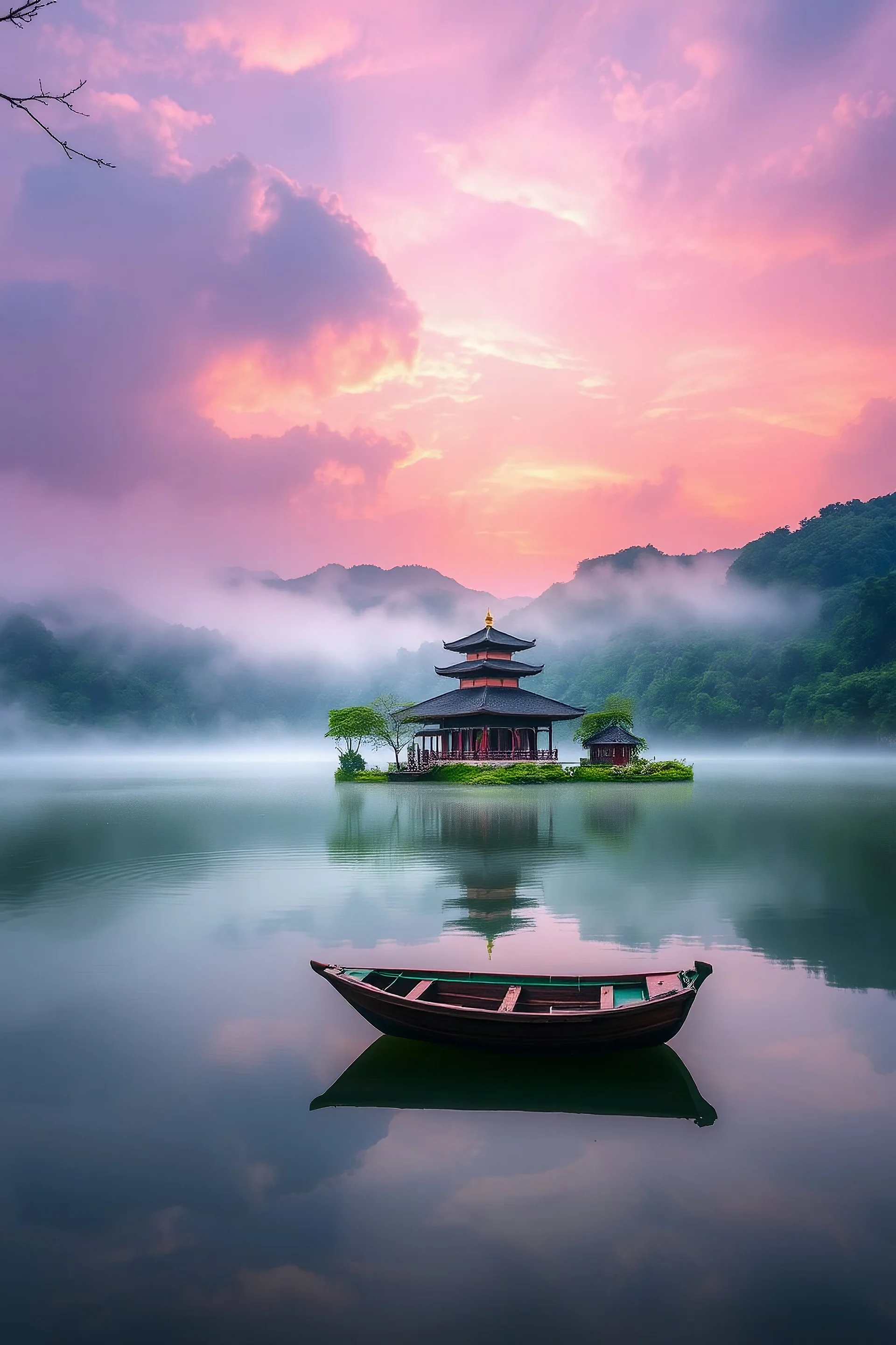 "A serene lakeside temple surrounded by lush greenery and calm waters at sunrise or sunset. The temple is adorned with traditional tiered pagoda-style roofs, sitting on a small island, partially surrounded by mist. A small wooden boat with red and green accents is anchored nearby, reflecting softly in the still water. The sky is filled with colorful clouds, creating a peaceful and mystical atmosphere as the sun casts a gentle pink and orange glow over the landscape."