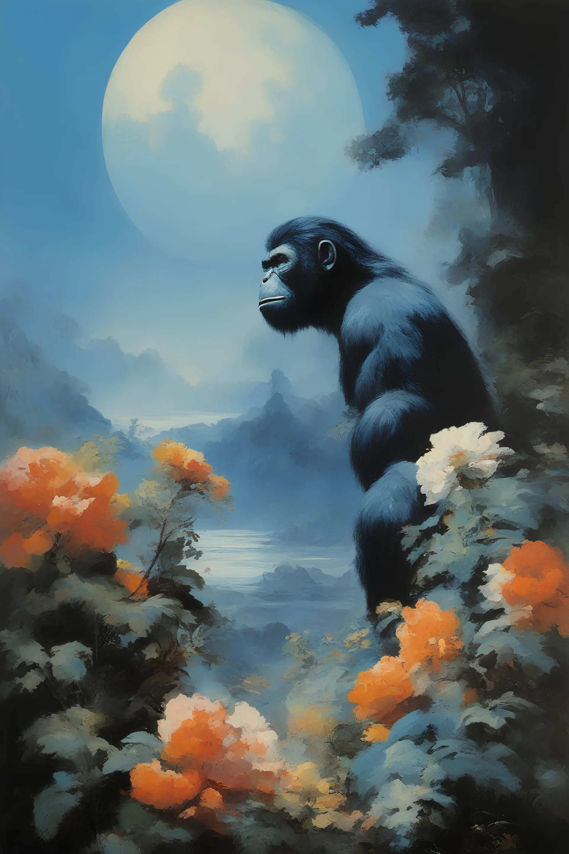 Planet of the Apes, blue, large, floral designs, atmospheric, beautiful, China Doll, oil painting by Frank Frazetta