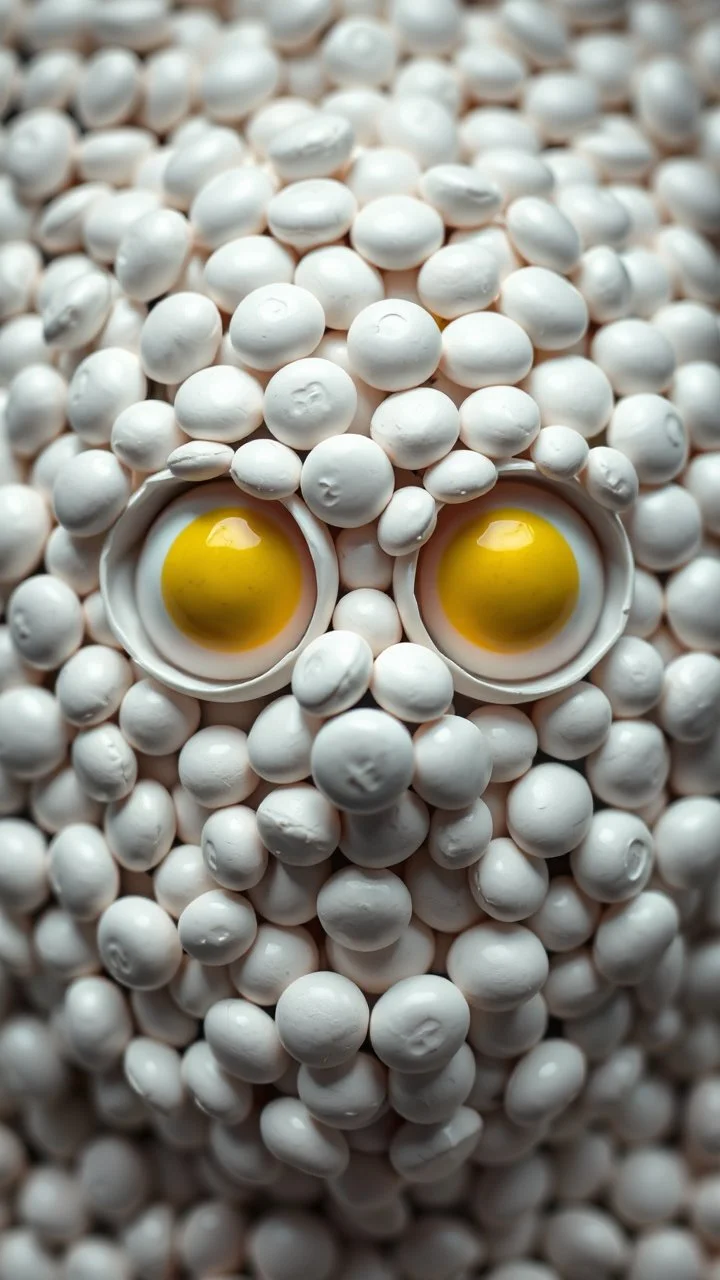 A balled face in details . The texture of the face is a collage of many 3D white random m&m candy covering the whole face and the eyes are covered by two eggs