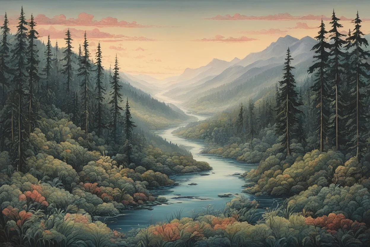 a dramatic, highly detailed painting of a lush Pacific Northwest forested river valley landscape in the pale light of dawn, in the style Gary Baseman , vibrant natural colors, with fine ink outlining, museum quality masterpiece