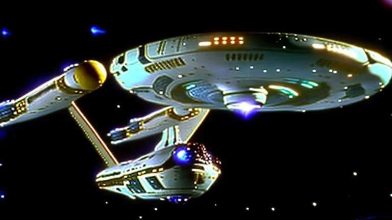 a screen capture from a star trek movie of a battle-damaged starship enterprise IN the year 2380 IS IN A BATTLE with monster ufos sci-fi meticulous, highly-polished, photorealistic, studio production, intricately detailed, GALACTIC, directed by gene Roddenberry,