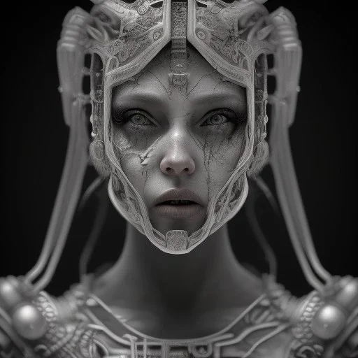 A viking girl with a mask, hr giger, scary, steam punk, realistic, made in octane, cinematic, ultra-realistic, extremely detailed octane rendering, 8K, VRAY Super Real ar 2:3, dof photorealistic futuristic 50mm lens hard lighting dark gray tintype photograph, realistic lighting, sepia color