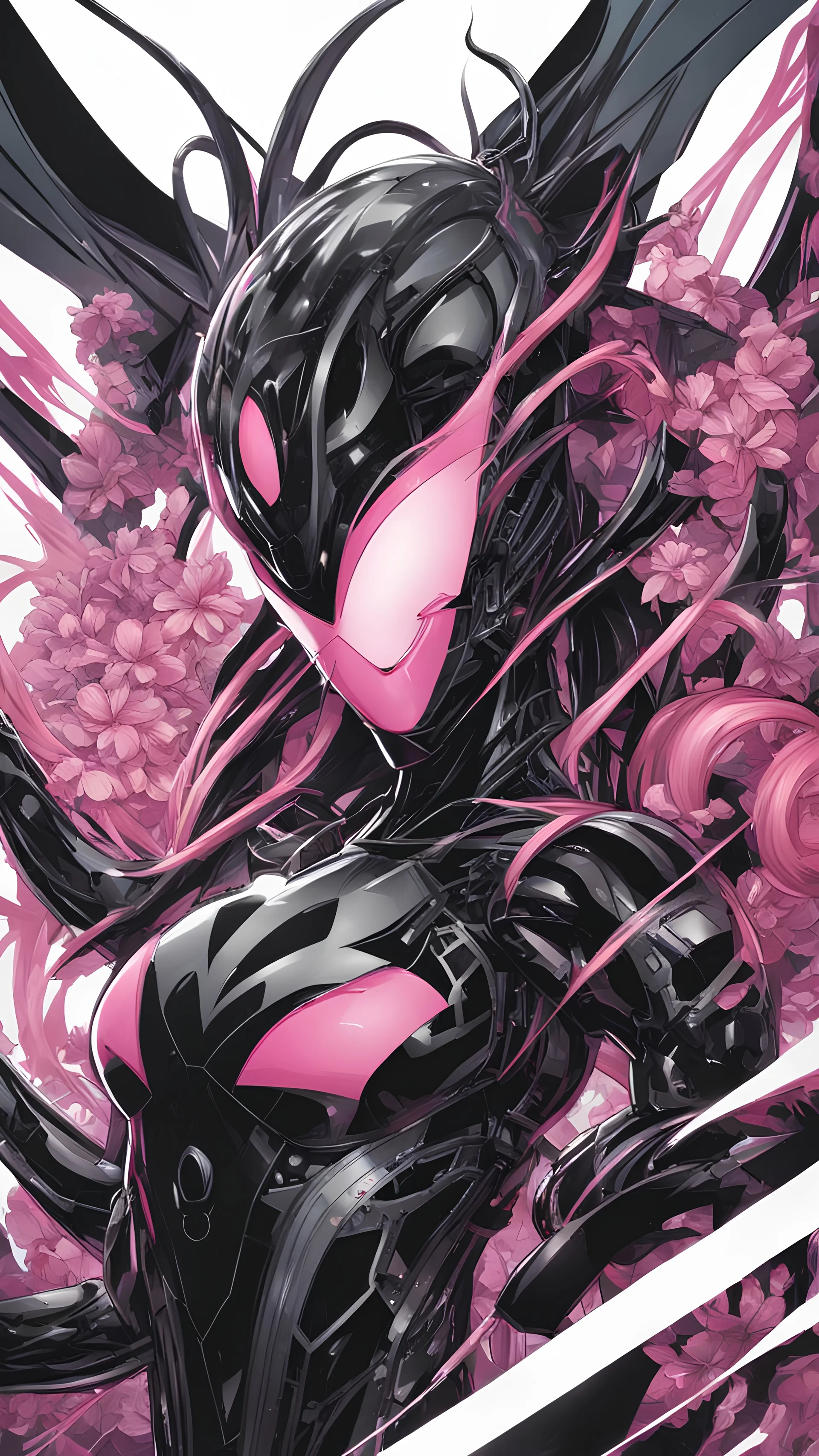 A close picture to Mix between gwenpool and symbiote, symbiote venom with transformers, high details machine, pink and black custom, intricate details, highly detailedin in solo leveling shadow art style