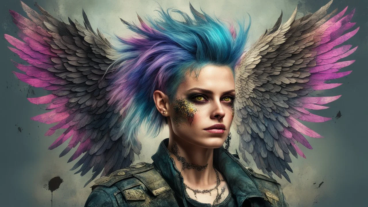 beautiful Punk, Angel 35 years old, wings, portrait, military clothes, old torn canvas, mystical, bright colors, creative hairstyle, fine rendering, high detail, 8K