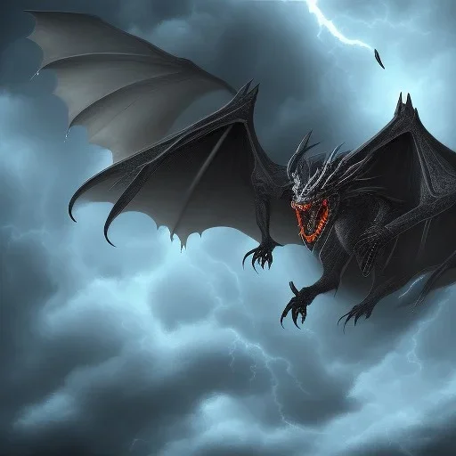 a black dragon flying in a storm