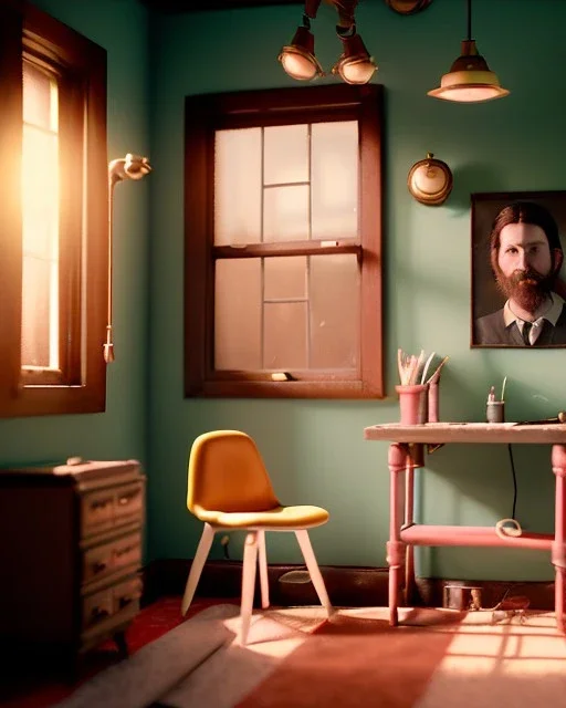 Room scene with simple hair monster, Wes Anderson style, realistic photo, sweet, concept art, smooth, unreal engine 5, god lights, ray tracing, RTX, lumen lighting, ultra detail, volumetric lighting, 3d.