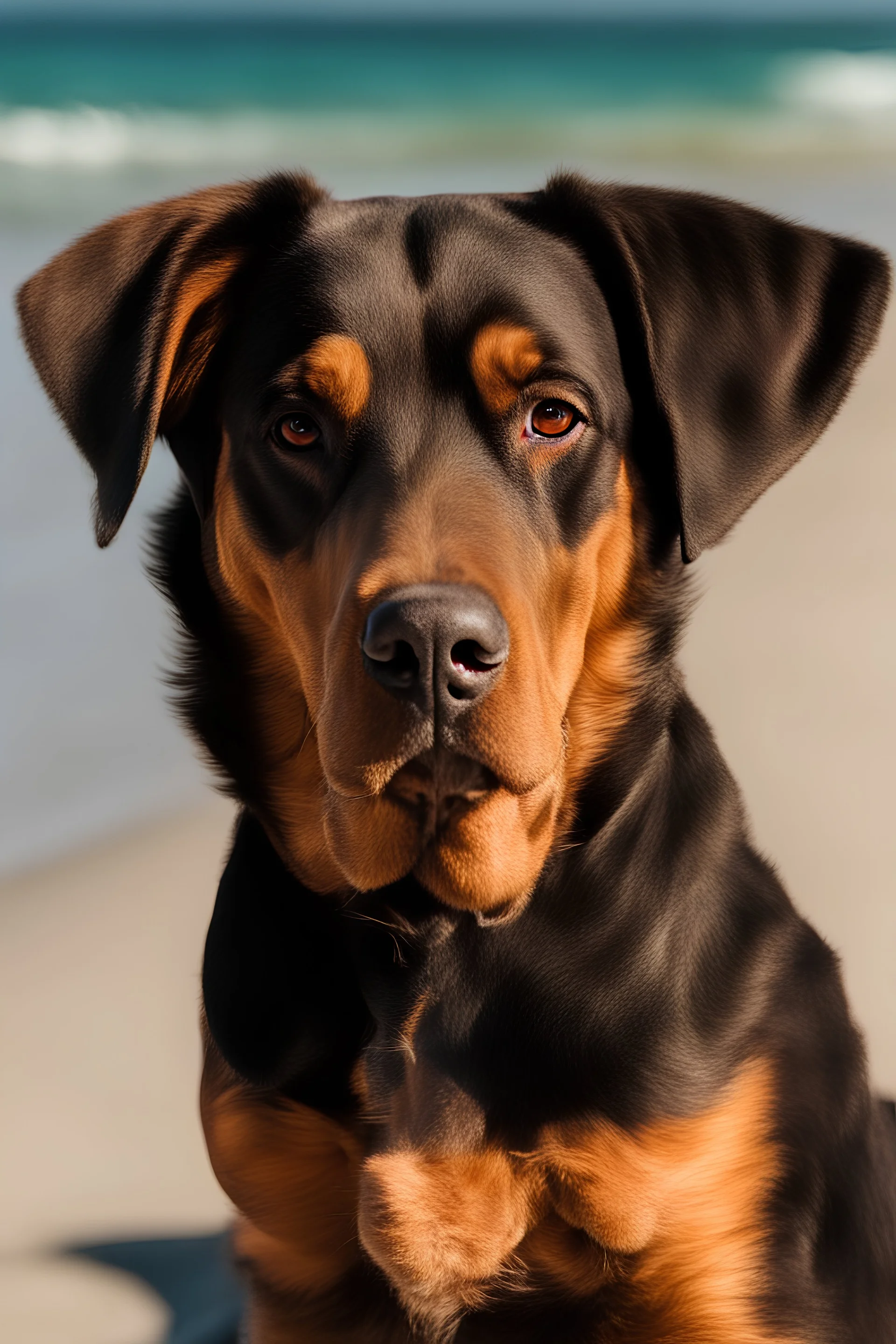 a rotweiler dog sitting on a beach