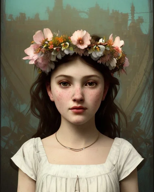 portrait young girl with flower crown sitting on an empty crate, alphonse mucha style, white dress, potholes on road, ramshackle, crow, 8k resolution, high-quality, fine-detail, intricate, digital art, detailed matte, volumetric lighting, dynamic lighting, illustration, 3D octane render, brian froud, howard lyon, selina french, anna dittmann, annie stokes, lisa parker, greg rutowski,