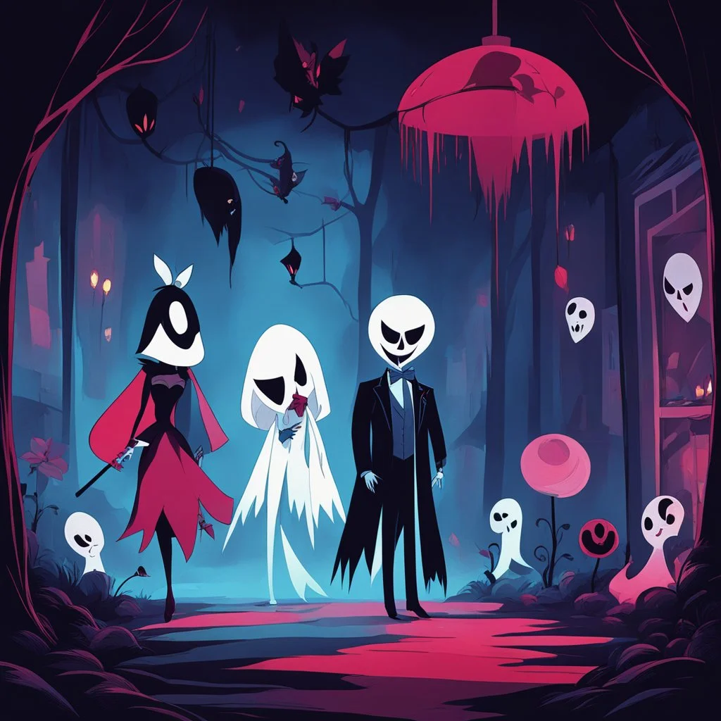 a chilling portrayal of a ghostly party at the Hazbin Hotel. The canvas is filled with elegantly dressed figures, their faces hidden behind masks that reveal their true, otherworldly natures. The atmosphere is eerie, with shadows flickering and a sense of foreboding in the air. It's a haunting scene where the boundary between the living and the dead is indiscernible, a macabre metaphor for hidden identities and the allure of darkness.