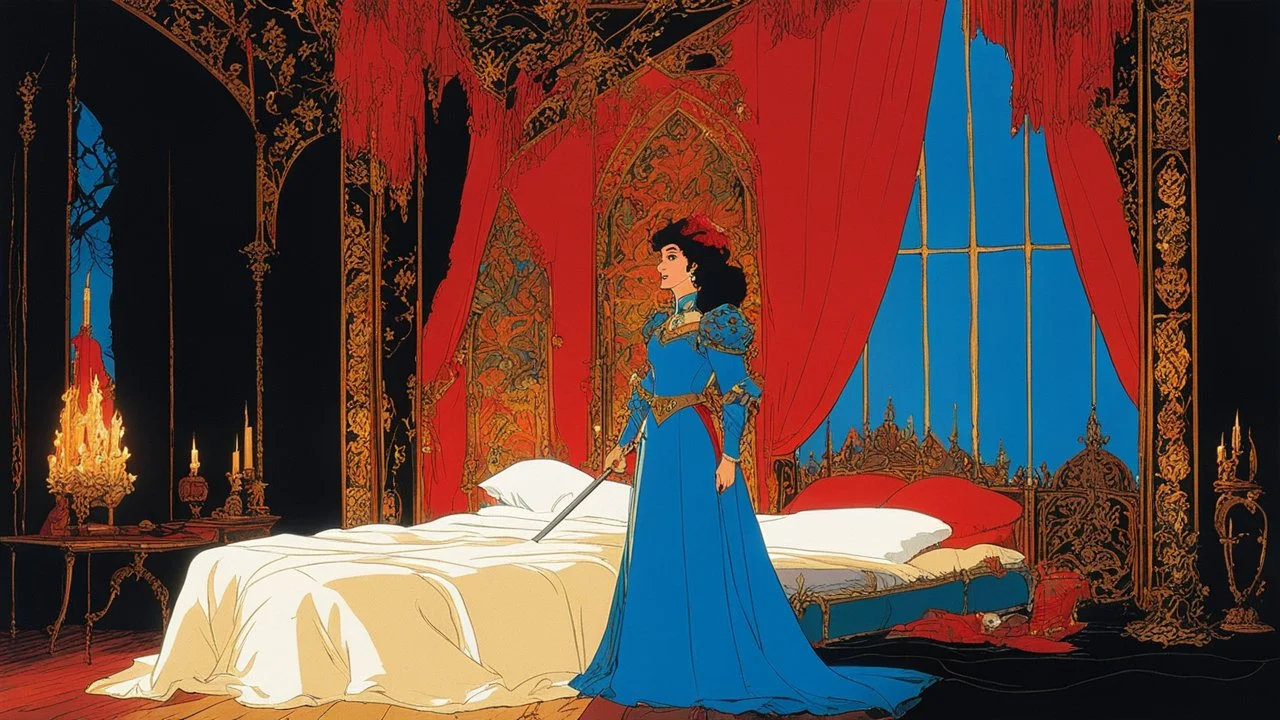 [Ralph Bakshi's Fire and Ice (1983)] In the opulent luxury of the medieval bedroom, the female captain of the guard stood with regal grace, her armor gleaming in the soft candlelight that bathed the room. The plush furnishings and intricate tapestries spoke of wealth and power, a stark contrast to the battle-hardened warrior who now found herself in this lavish setting. The captain's hand rested on the hilt of her sword, she exudes an aura of strength and unwavering resolve.