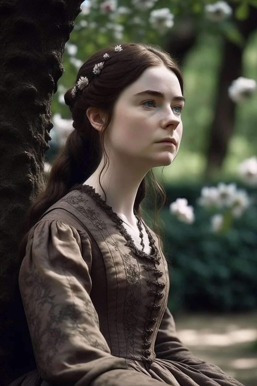 Beautiful Girl in the garden, 18 century, brunette, literally dark hair, dark eyes, fat, smell of sakura, rest, detailed face, england, she is staying under the tree, 30 years old, Game of thrones, Sansa Stark