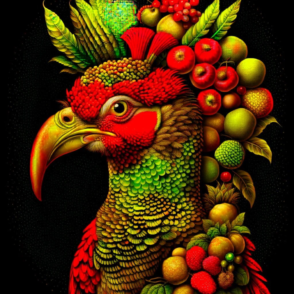 100% + Base Image ::: Giuseppe Arcimboldo Tall Bird Exotic Modifiers: highly detailed sharp focus extremely detailed intricate beautiful high definition crisp quality details focused no text no watermark great depth and scale intricately detailed no frame crisp No Signature sharp details no numbers Extreme Sharpness Depth in Details Field of Depth Started from image: