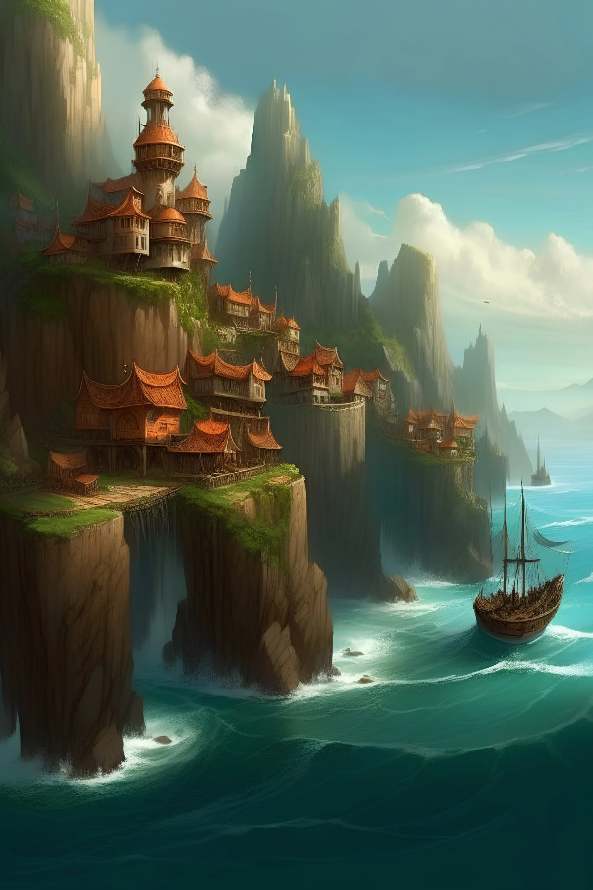 seaside town built into the cliffs seen from a ship in a fantasy art style