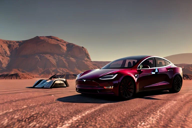 A Tesla 'Model S' is parked, in the Mojave Desert. (CINEMATIC, WIDE ANGLE LENS, PHOTO REAL)