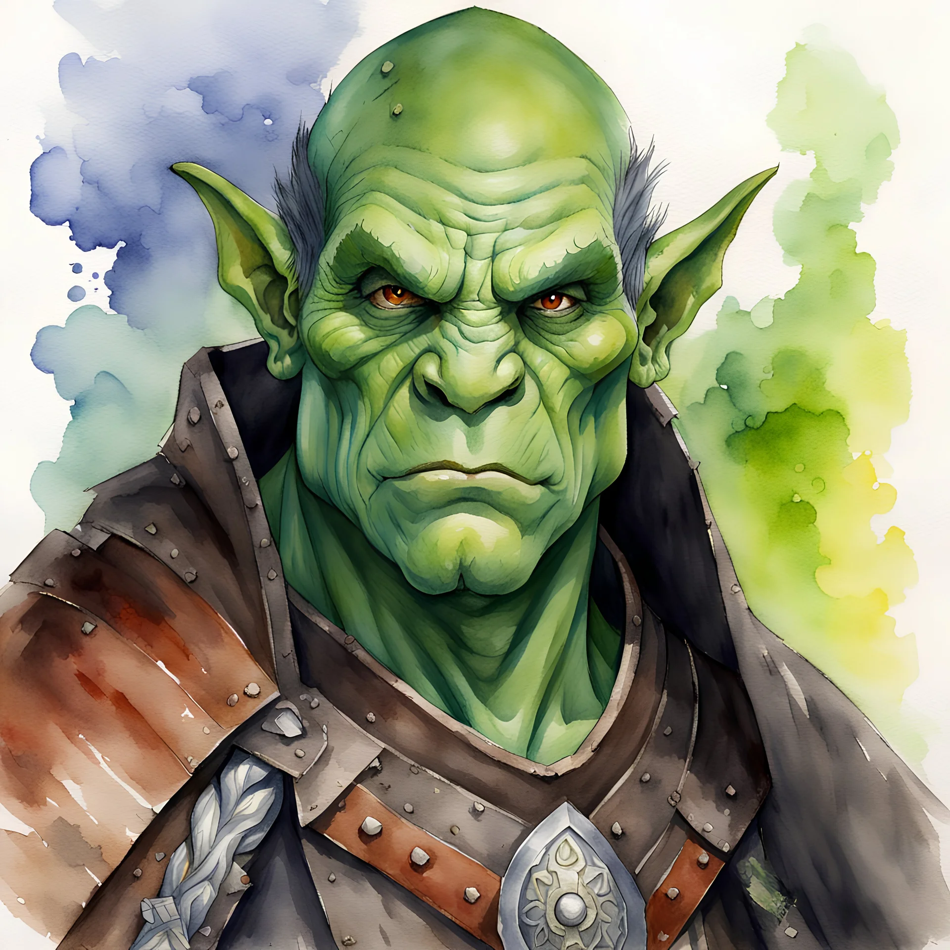 dnd, watercolour, illustration, portrait, half-orc, abbot