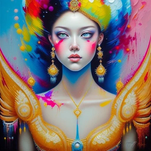 iv_a painting of a young woman, figurative art, an acrylic detailed painting, , brush strokes, paint drips and drabs and splatters by Harumi Hironaka, turquoise pink and yellow, james terrell art, trending on artstation, soft lines,intricate art by bastien lecouffe deharme and greg rutkowski