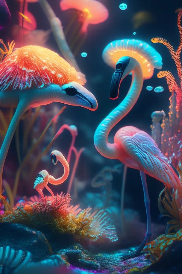 fish flamingo and fungoid portrait in fungus garden, glowing pixies, hi detail, 4k, clear focus, depth of field, color correction, studio quality, backlight