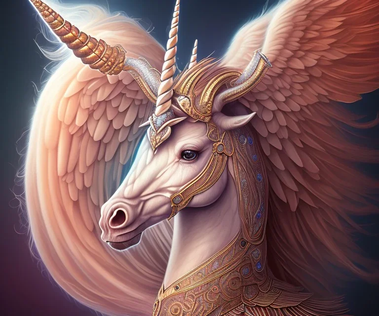 Portrait of unicorn, highly detailed, color patterns on wings, soft studio lighting, background 64k