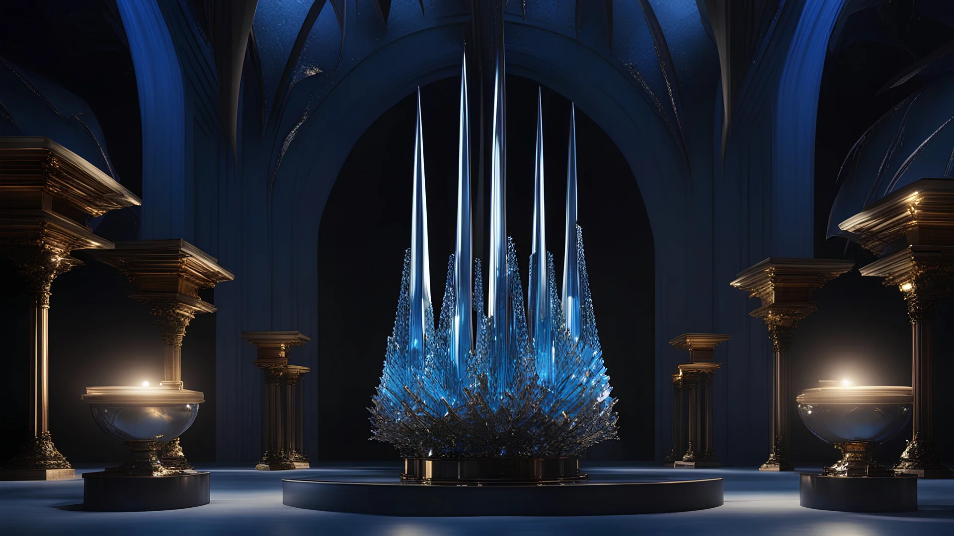 Three tall clear blue crystal spires stand on a deserted ocean island surrounded by beams of moonlight. High resolution 8K, moderate specularity, cinema 3D, chrome ball suspended, highly detailed, surrealism by Dorothea tanning, enrico donati